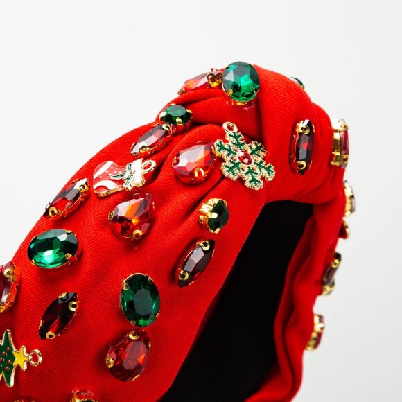 Red Green Christmas Knotted Headband with Snowflake & Tree Rhinestone Design - Picture 3 of 4